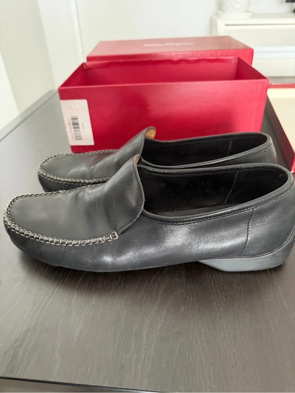 Salvatore Ferragamo Black Leather Slip-On Loafers with Contrast Stitch